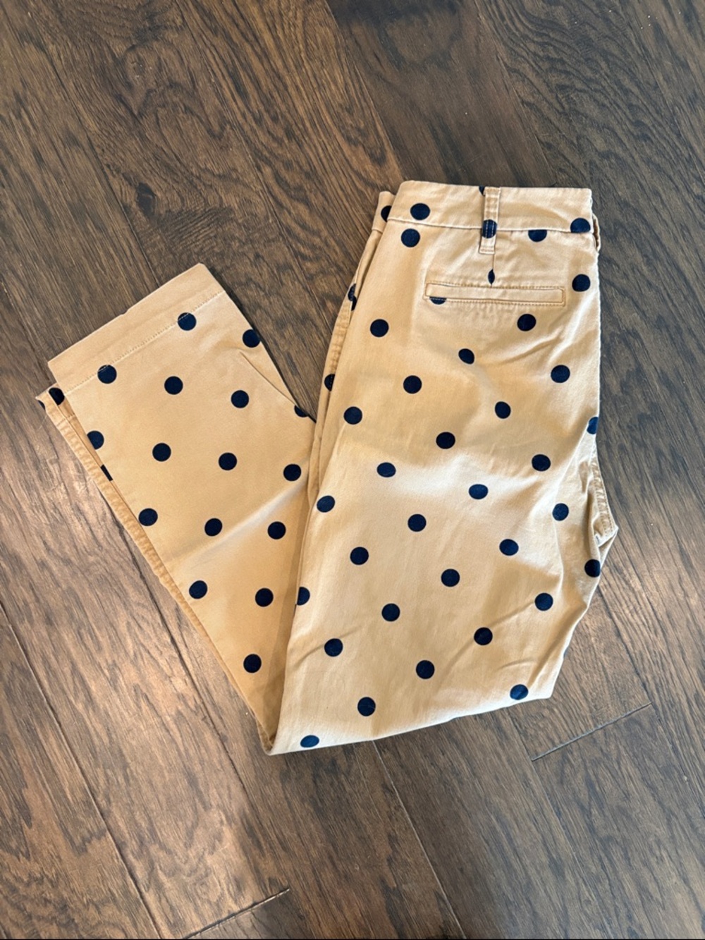 J. Crew Tan Pants with Navy Polka Dots